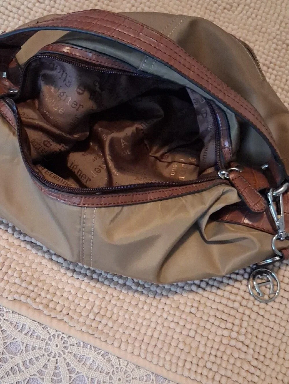 Etienne Aigner Olive/Tan Nylon Hobo with Brown Leather Trim